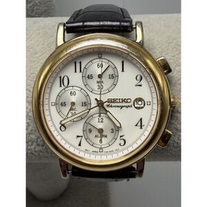 Seiko 7T62-0AY0 Chronograph New Battery Mens Watch 37MM 7.75" Leather Band